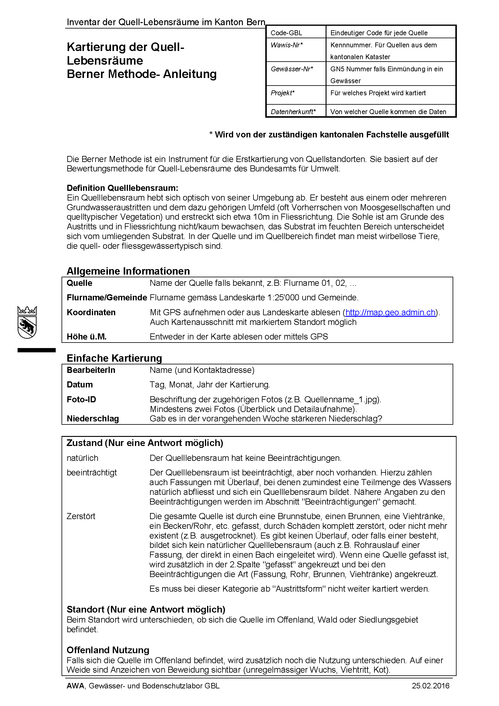 Titel Kartierung der Quell Lebensraume Berner Methode Anleitung